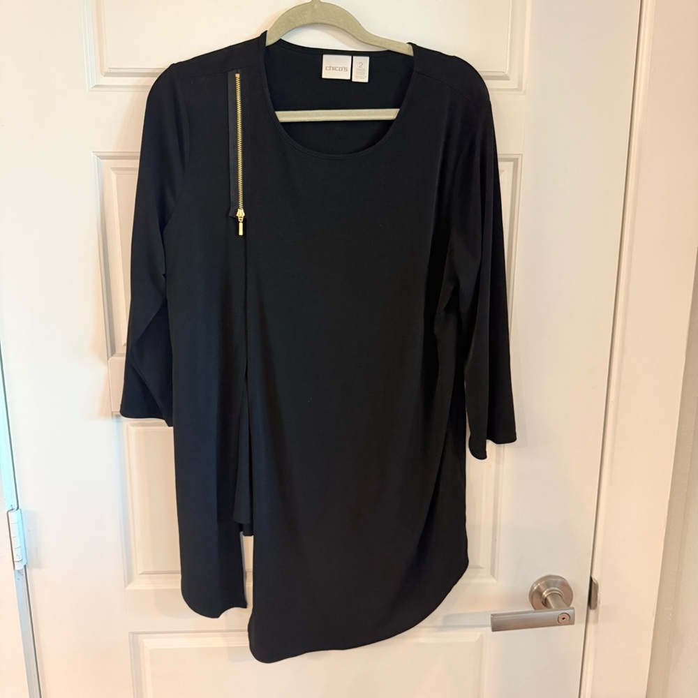 Chico's Black Asymmetrical Zipper Long Sleeve Blouse Size:2
